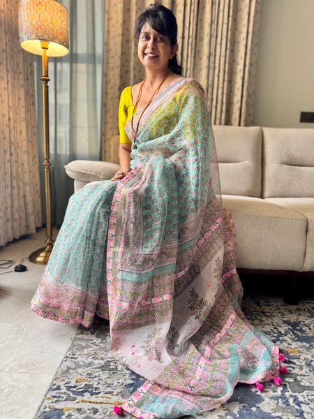 Embroidered pallu & patchwork border- kota doria saree