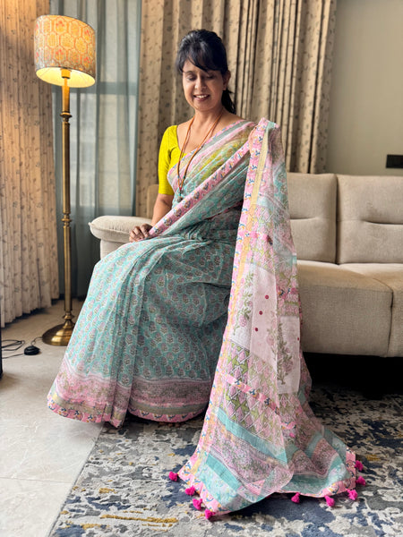 Embroidered pallu & patchwork border- kota doria saree