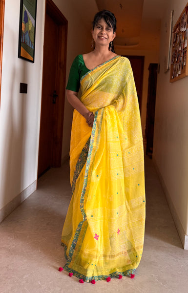 Best Seller -Embroidered pallu & patchwork inside border- kota doria saree