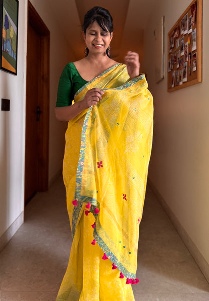 Best Seller -Embroidered pallu & patchwork inside border- kota doria saree