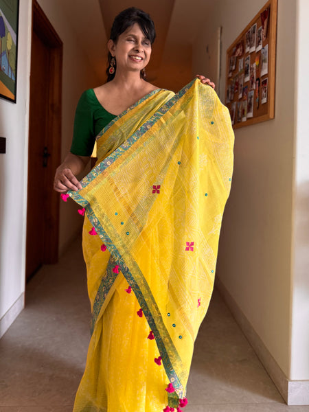 Best Seller -Embroidered pallu & patchwork inside border- kota doria saree