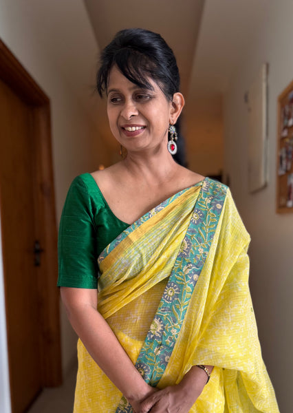 Best Seller -Embroidered pallu & patchwork inside border- kota doria saree