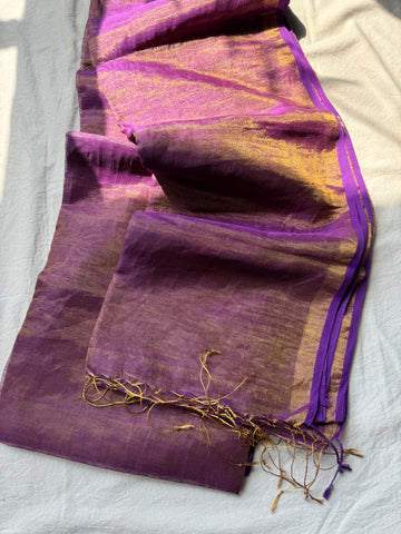 Handwoven gold zari linen saree - With blouse Piece