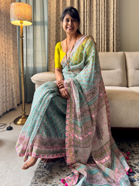 Embroidered pallu & patchwork border- kota doria saree