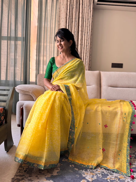 Best Seller -Embroidered pallu & patchwork inside border- kota doria saree