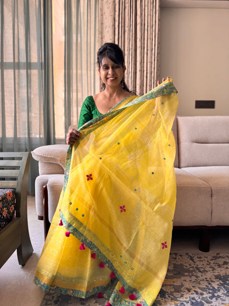 Best Seller -Embroidered pallu & patchwork inside border- kota doria saree