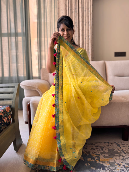 Best Seller -Embroidered pallu & patchwork inside border- kota doria saree