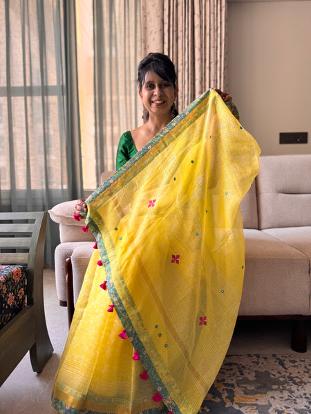 Best Seller -Embroidered pallu & patchwork inside border- kota doria saree