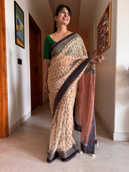 Best Seller -Embroidered pallu & patchwork inside border- kota doria saree
