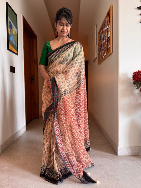 Best Seller -Embroidered pallu & patchwork inside border- kota doria saree