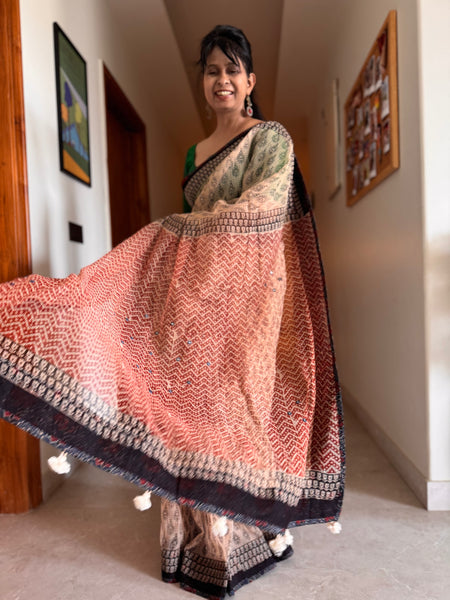 Best Seller -Embroidered pallu & patchwork inside border- kota doria saree