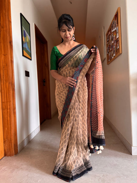 Best Seller -Embroidered pallu & patchwork inside border- kota doria saree