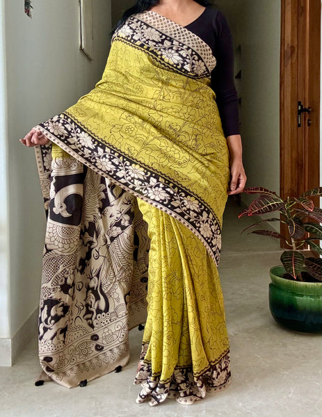 Kalamkari - Printed Bangalore Silk Saree - Green