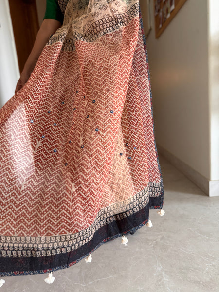 Best Seller -Embroidered pallu & patchwork inside border- kota doria saree
