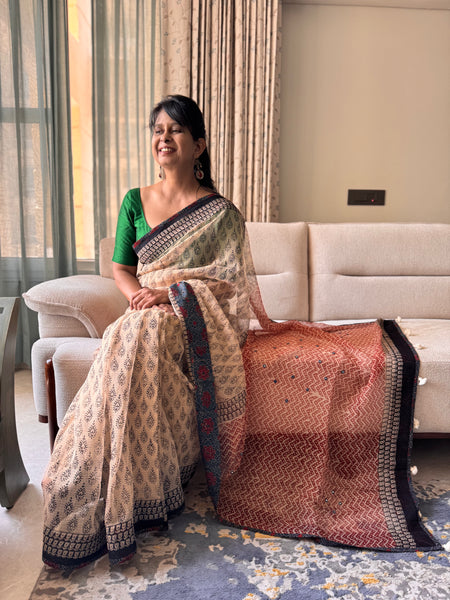 Best Seller -Embroidered pallu & patchwork inside border- kota doria saree