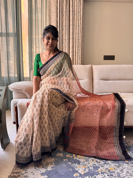 Best Seller -Embroidered pallu & patchwork inside border- kota doria saree