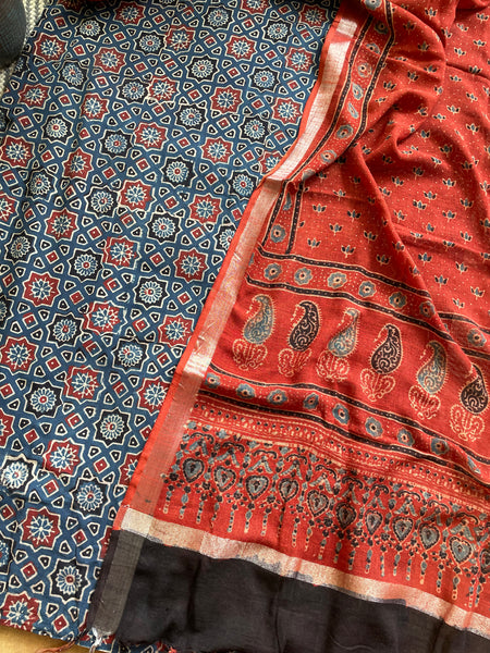 2 piece set - Ajrakh handblock cotton linen dupatta with cotton kurta