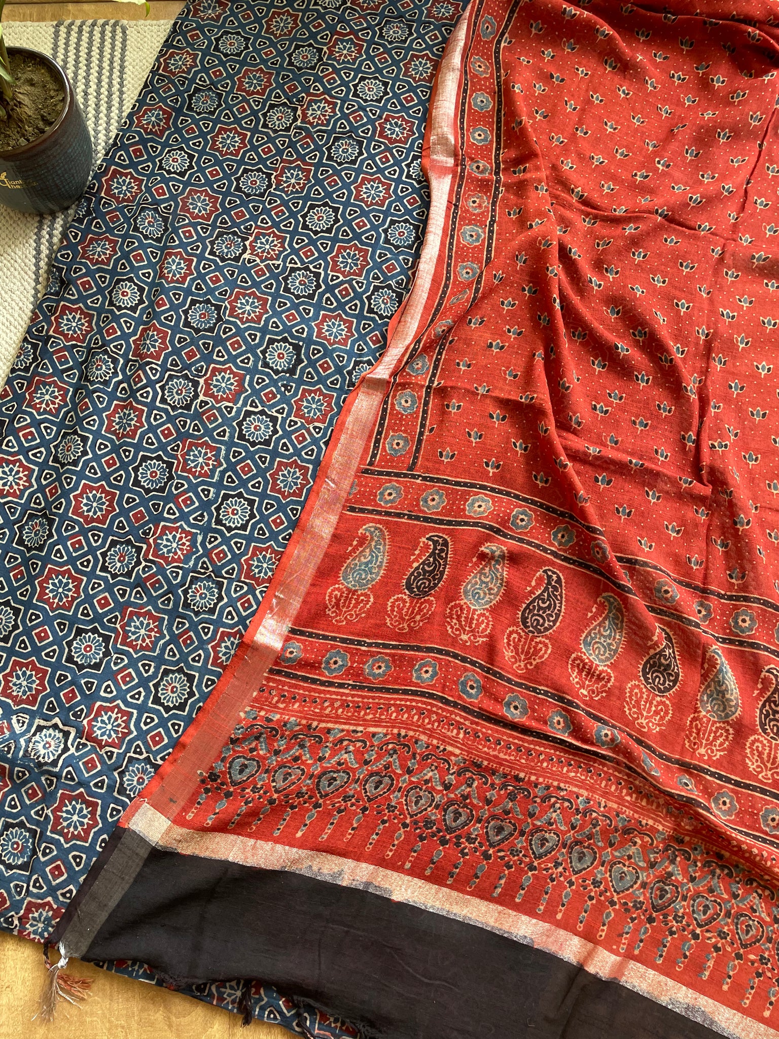 2 piece set - Ajrakh handblock cotton linen dupatta with cotton kurta