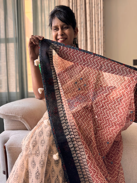 Best Seller -Embroidered pallu & patchwork inside border- kota doria saree