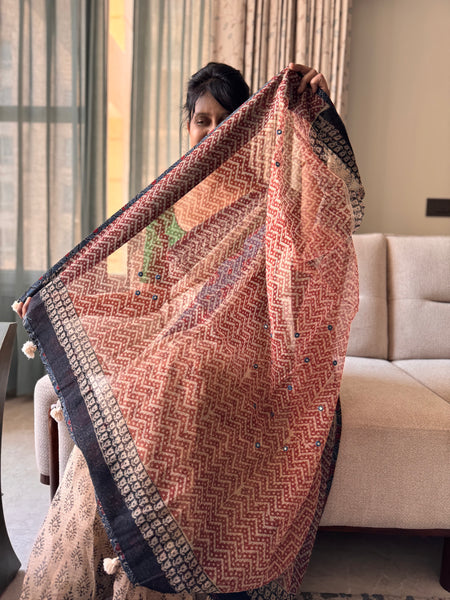 Best Seller -Embroidered pallu & patchwork inside border- kota doria saree