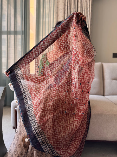 Best Seller -Embroidered pallu & patchwork inside border- kota doria saree