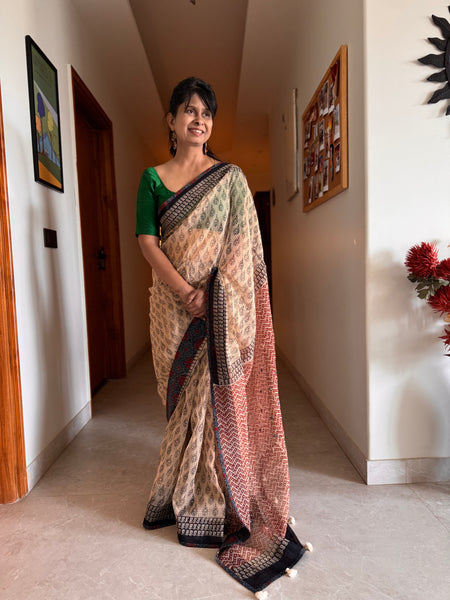 Best Seller -Embroidered pallu & patchwork inside border- kota doria saree