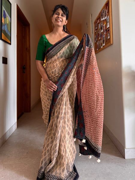 Best Seller -Embroidered pallu & patchwork inside border- kota doria saree