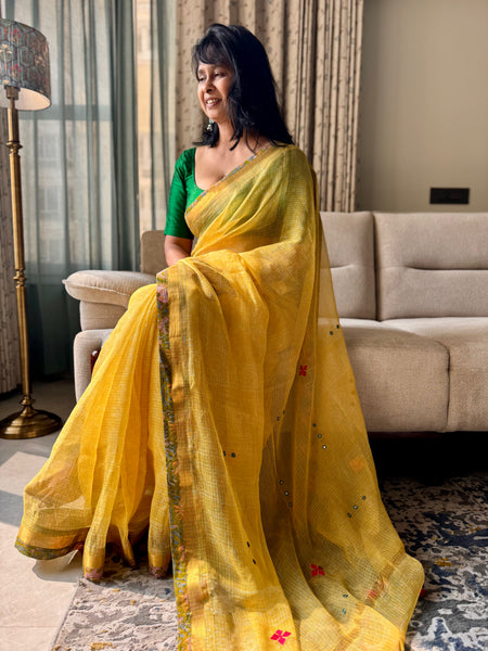 Heavy Embroidered pallu & patchwork border- kota doria saree