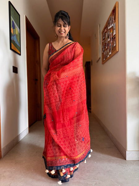 Best Seller -Embroidered pallu & patchwork inside border- kota doria saree