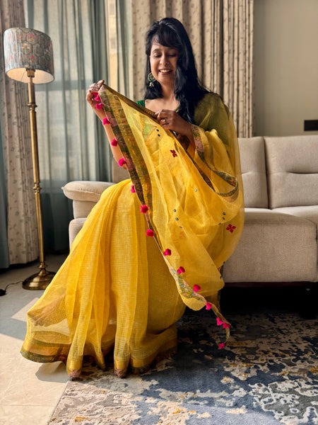 Heavy Embroidered pallu & patchwork border- kota doria saree