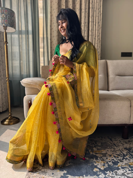 Heavy Embroidered pallu & patchwork border- kota doria saree