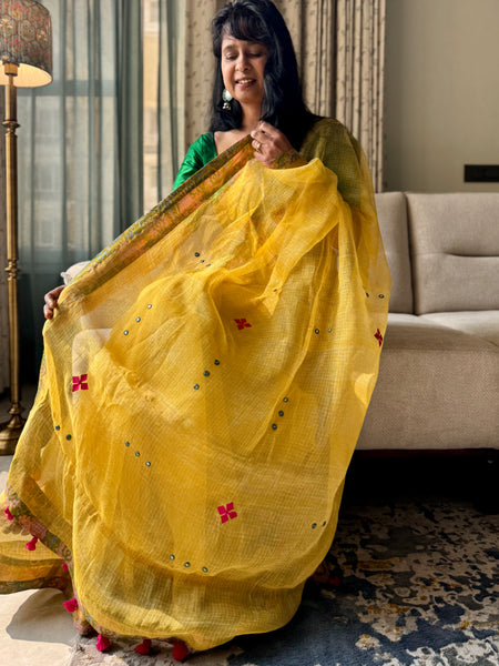 Heavy Embroidered pallu & patchwork border- kota doria saree