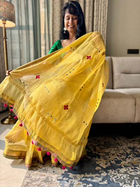 Heavy Embroidered pallu & patchwork border- kota doria saree