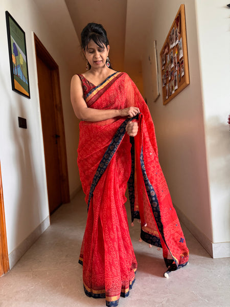 Best Seller -Embroidered pallu & patchwork inside border- kota doria saree