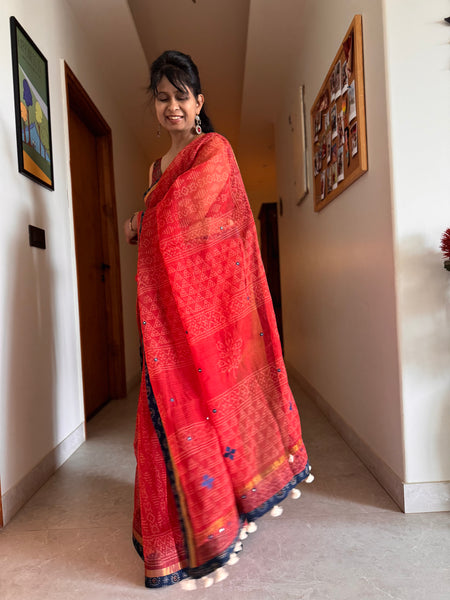 Best Seller -Embroidered pallu & patchwork inside border- kota doria saree