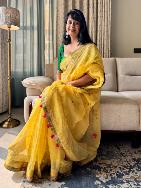 Heavy Embroidered pallu & patchwork border- kota doria saree