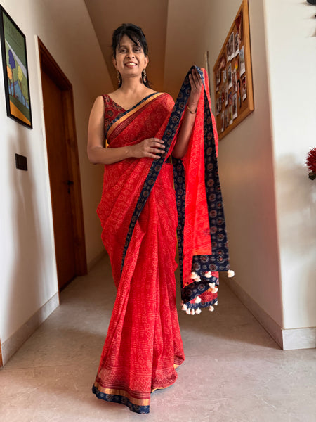 Best Seller -Embroidered pallu & patchwork inside border- kota doria saree
