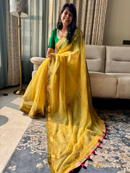 Heavy Embroidered pallu & patchwork border- kota doria saree