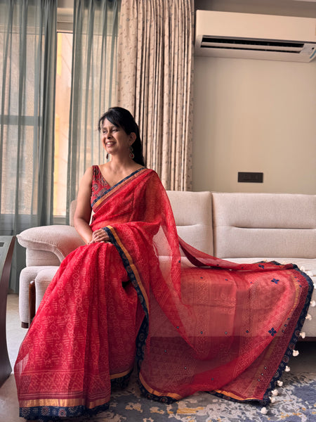 Best Seller -Embroidered pallu & patchwork inside border- kota doria saree