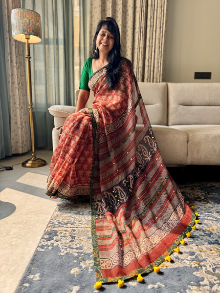 Embroidered pallu & patchwork border- kota doria saree