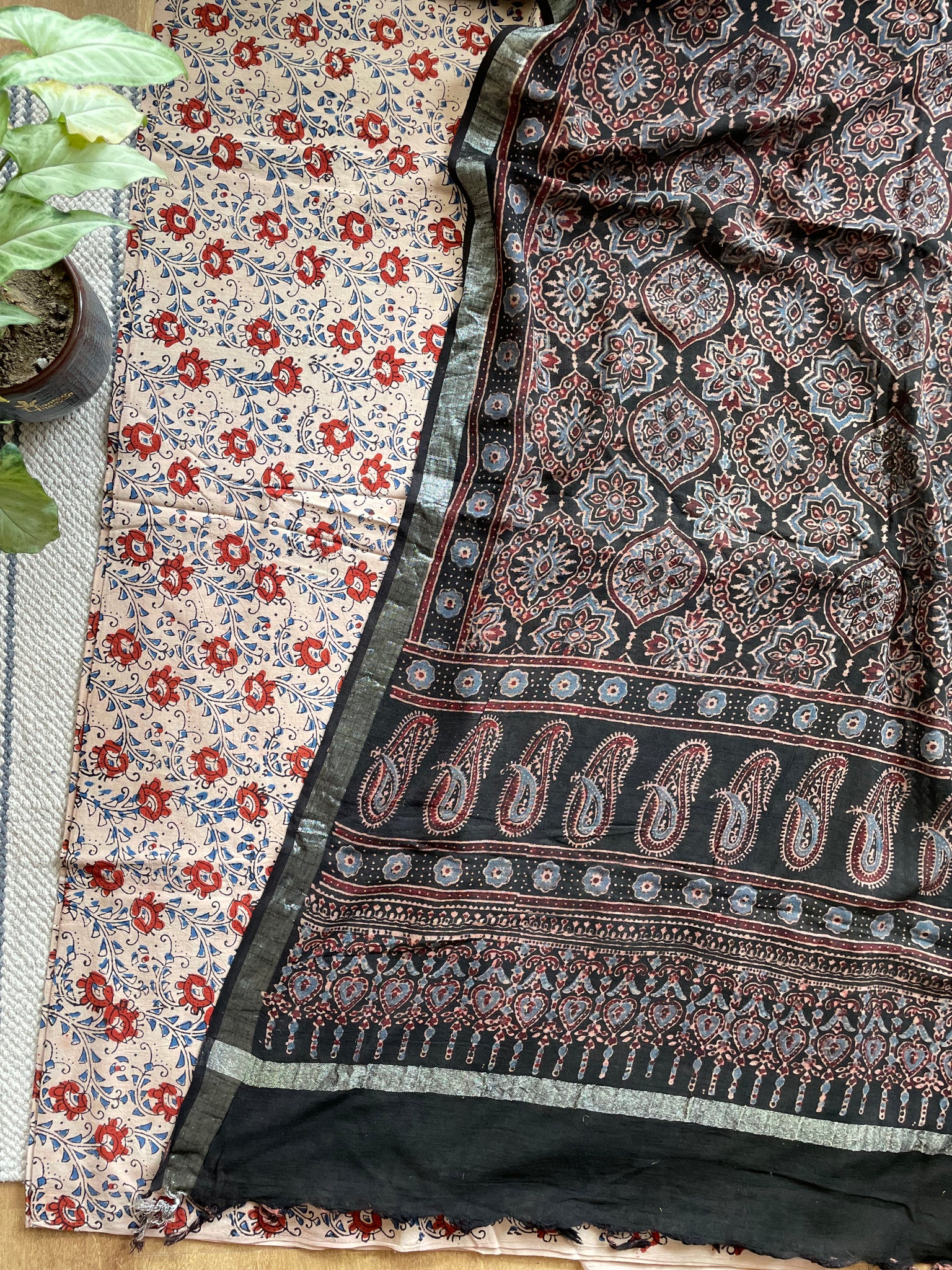 2 piece set - Ajrakh handblock cotton kurta with cotton linen dupatta
