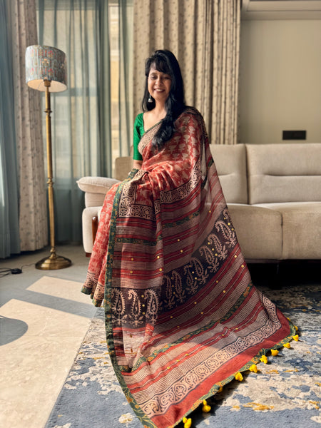 Embroidered pallu & patchwork border- kota doria saree