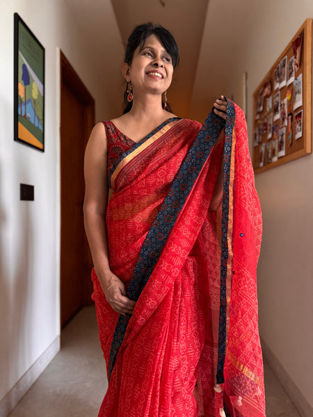 Best Seller - Embroidered pallu & inner side patchwork border- kota doria saree