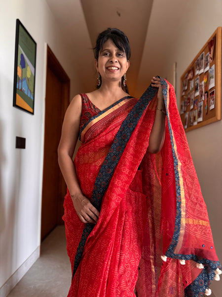 Best Seller - Embroidered pallu & inner side patchwork border- kota doria saree