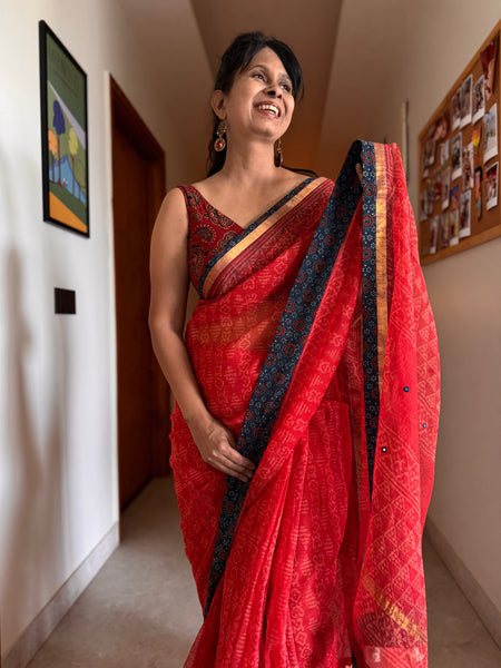 Best Seller - Embroidered pallu & inner side patchwork border- kota doria saree