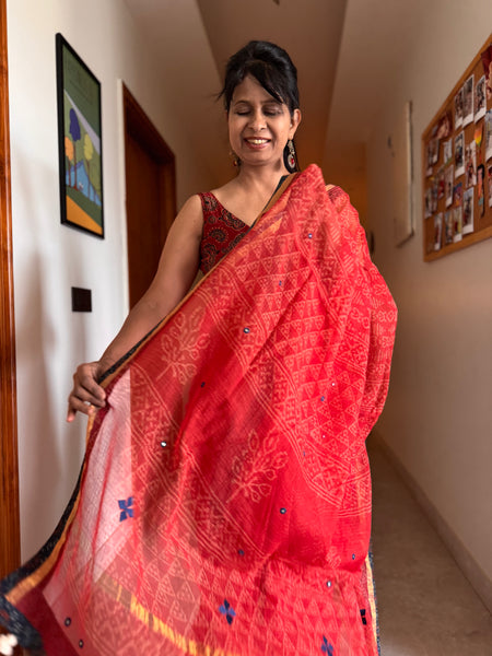 Best Seller - Embroidered pallu & inner side patchwork border- kota doria saree