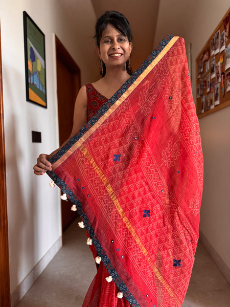 Best Seller - Embroidered pallu & inner side patchwork border- kota doria saree