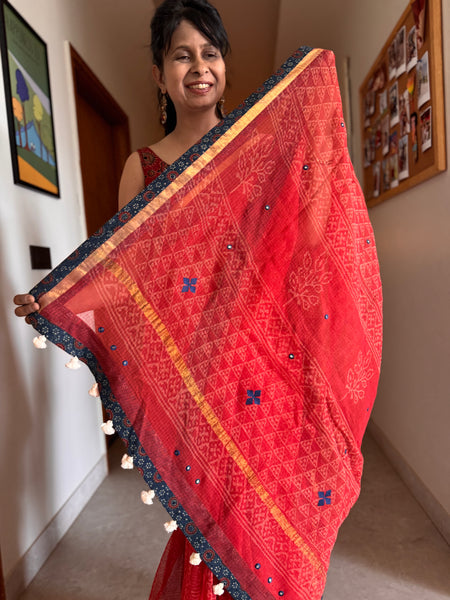 Best Seller - Embroidered pallu & inner side patchwork border- kota doria saree