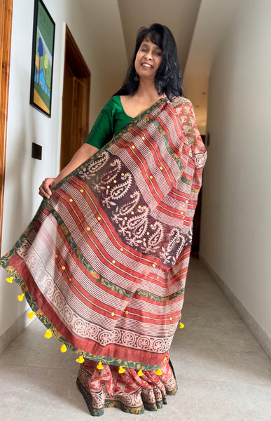 Embroidered pallu & patchwork border- kota doria saree