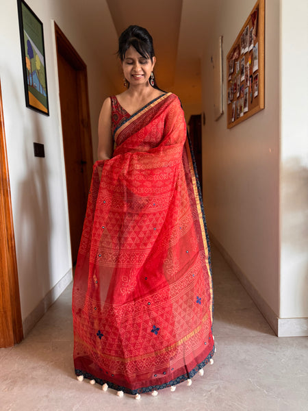 Best Seller - Embroidered pallu & inner side patchwork border- kota doria saree